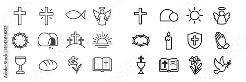 Collection of Christian symbols representing faith, hope, and spirituality in a minimalist design style suitable for various uses