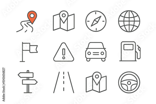 Navigational icons representing travel, maps, and road safety in a modern design layout