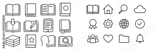 Icon collection showcasing various symbols related to reading, knowledge, and technology in a minimalist style