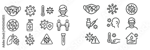 Line drawings illustrating health and safety protocols during a pandemic featuring masks, vaccines, and disease symbols