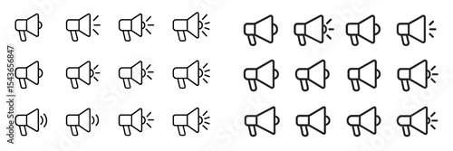 Various megaphone icons arranged in rows showcasing different styles and orientations for design purposes