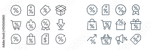 Collection of minimalistic discount promotion icons on a white background featuring various shopping symbols