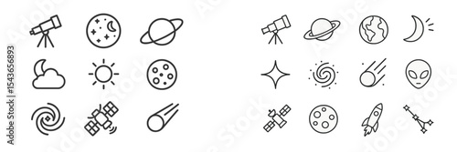 Various celestial icons and symbols representing astronomy and space exploration in a simplistic style