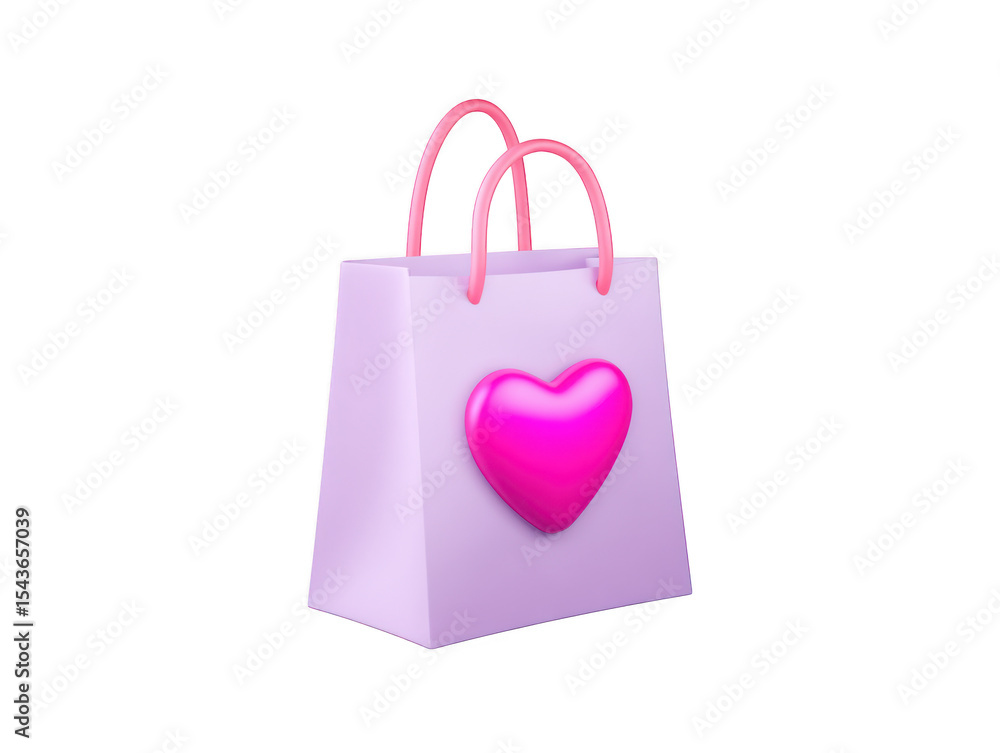 Purple shopping bag with pink heart 3d render isolated on transparent background Purple shopping bag with pink heart 3d render isolated on transparent background