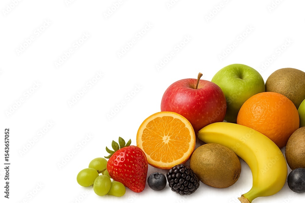 Abundant and Diverse Assortment of Fresh Ripe Fruits in Corner Composition on White Background Abundant and Diverse Assortment of Fresh Ripe Fruits in Corner Composition on White Background