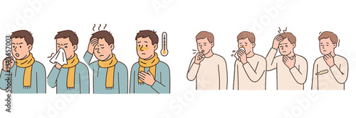 Symptoms of a cold depicted through a series of illustrations highlighting various stages of discomfort and illness