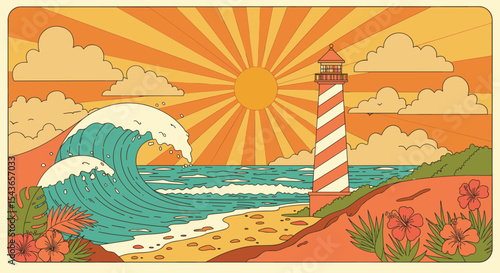 Psychedelic lighthouse illustration for coastal decor and nautical-themed designs