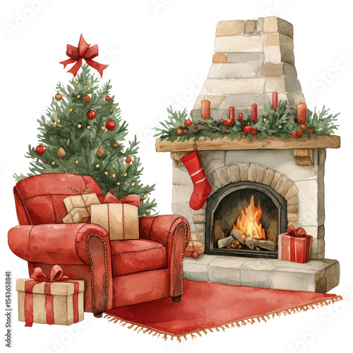 Cozy christmas scene with watercolor decor transparent background fireplace and tree