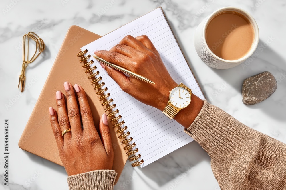 Naklejka premium Elegant workspace setup with a notebook, pen, and a cup of coffee