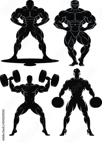 Collection of black silhouettes of men  body builders