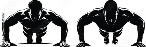 Collection of black silhouettes of men  body builders.