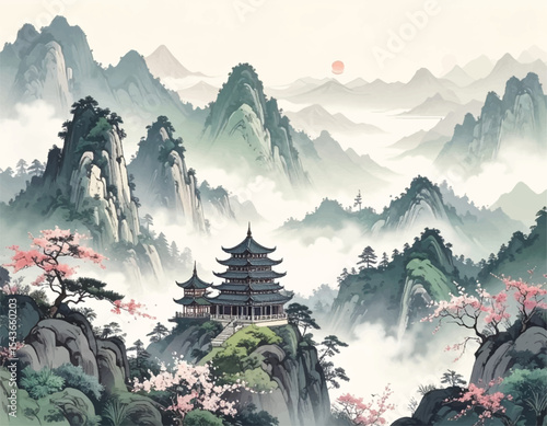Peaceful eastern landscape with fog, trees, and pagodas. Chinese traditional architecture by a mountain lake. Serene, misty landscape with pink cherry blossoms and pagodas.