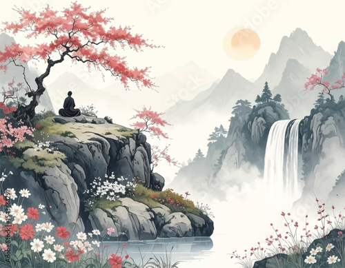 Calming landscape with a waterfall, flowers, and a meditating monk. Beautiful natural scenery with a meditative atmosphere.Serene waterfall and flower-filled landscape for mindfulness