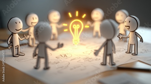This scene captures stick figures exchanging bright ideas and plans, symbolizing a creative and communicative team dynamic.
