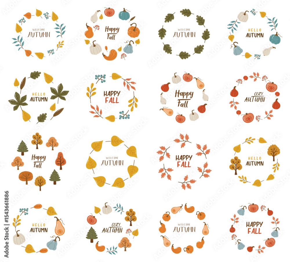Autumn round frame collection, autumn cozy set, design for posters, banner, greeting cards, stickers Autumn round frame collection, autumn cozy set, design for posters, banner, greeting cards, stickers