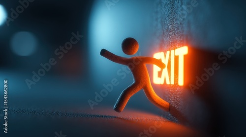 A stick figure points to a glowing exit sign, guiding others to safe evacuation routes during emergencies.
