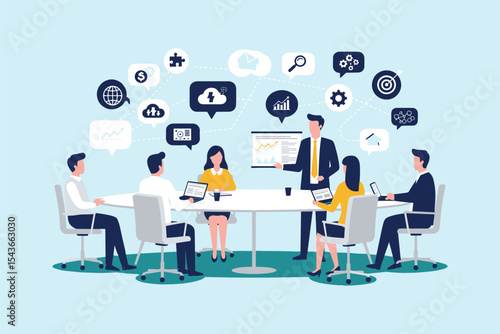  Business team meeting discussing global strategy, financial data, and technological solutions, fostering collaborative problem-solving and innovative decision-making. flat vector illustration