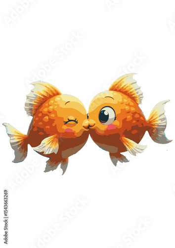 Graphic flat design drawing of two goldfishes kissing underwater. Pair of cute fish pets. Living in aquarium together. Tame animal icon. Happy romantic couple symbol. Cartoon style .
Two fishes are ki