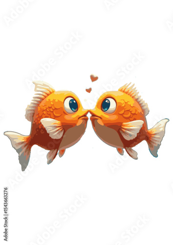 Graphic flat design drawing of two goldfishes kissing underwater. Pair of cute fish pets. Living in aquarium together. Tame animal icon. Happy romantic couple symbol. Cartoon style .
Two fishes are ki