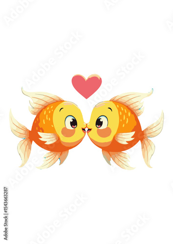 Graphic flat design drawing of two goldfishes kissing underwater. Pair of cute fish pets. Living in aquarium together. Tame animal icon. Happy romantic couple symbol. Cartoon style .
Two fishes are ki