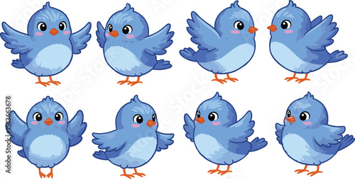 Cute cartoon blue birds, flying bird characters, adorable animal design, animated bird vector, cheerful birds clipart, baby birds illustration, bluebird set for kids