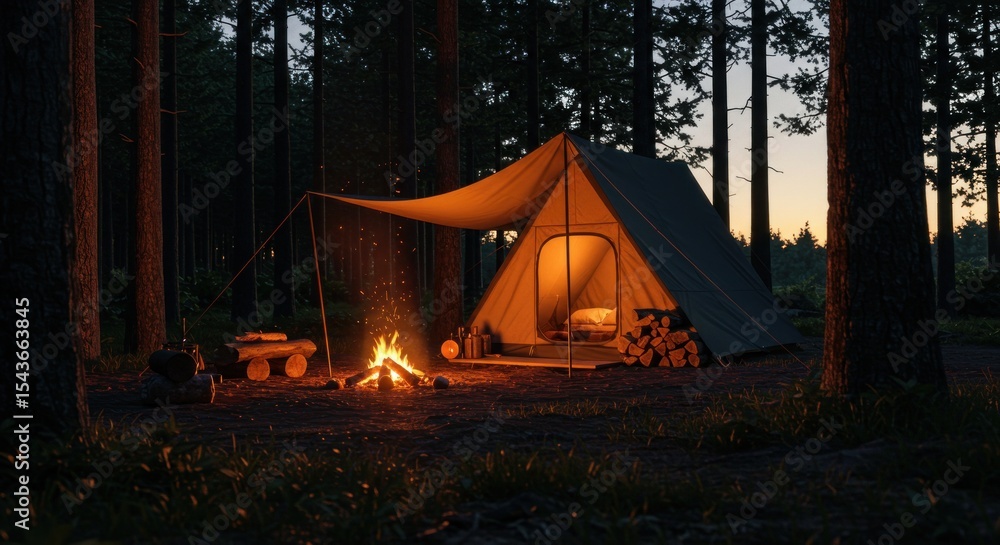 Person relaxing in tent near campfire at night in forest Person relaxing in tent near campfire at night in forest