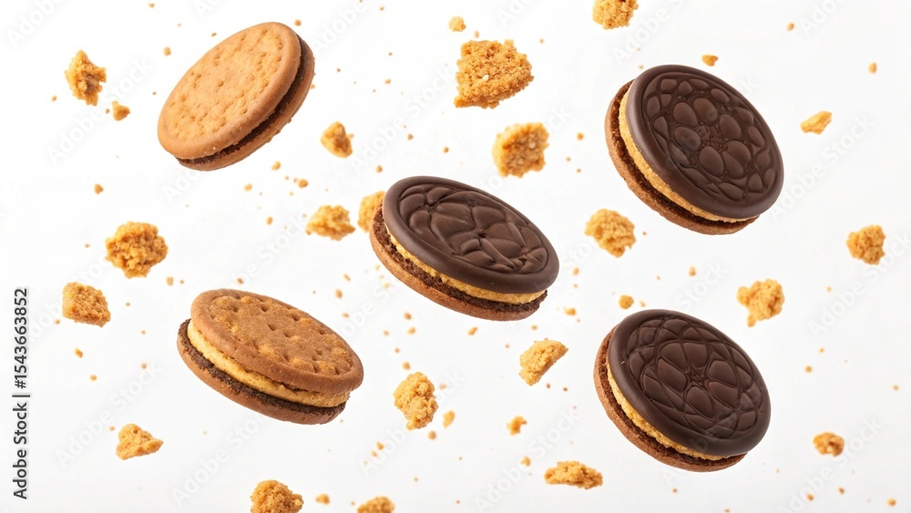 Fototapeta premium Delicious chocolate and vanilla sandwich cookies falling against white background