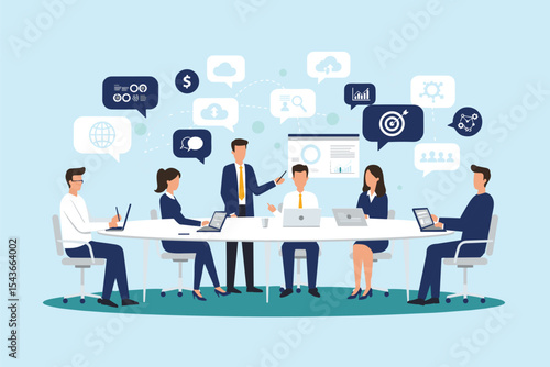  Business team meeting discussing global strategy, financial goals, cloud technology, and market research for collaborative problem-solving and innovation success.flat vector illustration