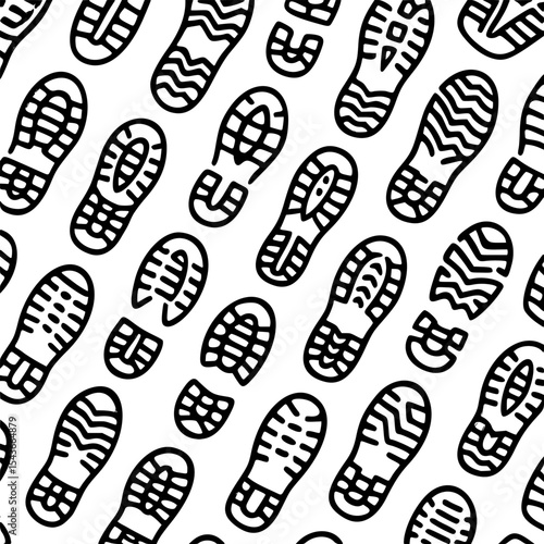 Seamless black and white vector pattern featuring hand-drawn soles of shoes in various styles and tread textures