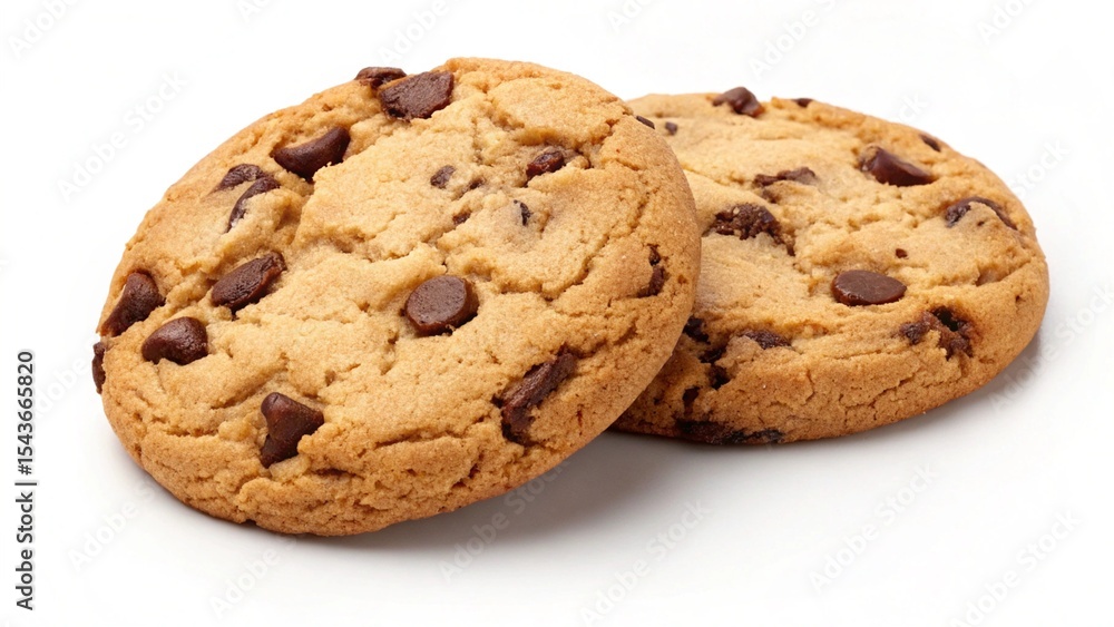 Two delicious chocolate chip cookies on white background, close-up view Two delicious chocolate chip cookies on white background, close-up view