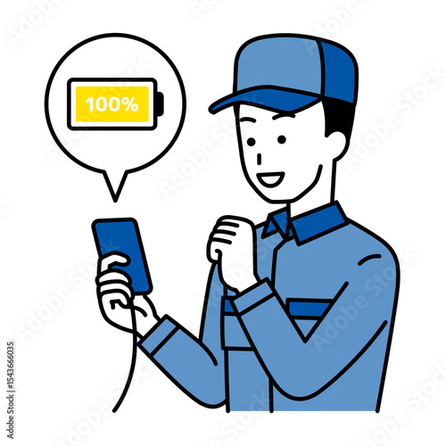 スマートフォンのバッテリーが充電完了したつなぎ作業服の男性
