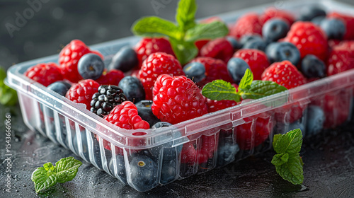 Fresh mixed berries in plastic container.