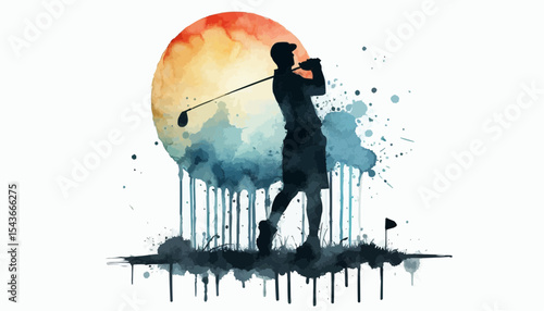 Abstract watercolor silhouette illustration of a golf player 