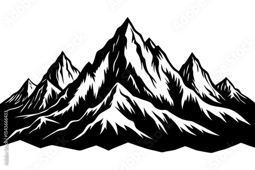 A powerful silhouette of a majestic mountain range, rendered in stark black vector design