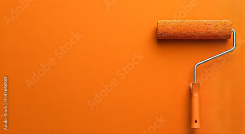 Fototapeta Naklejka Na Ścianę i Meble -  Orange paint roller rests against a freshly painted orange wall