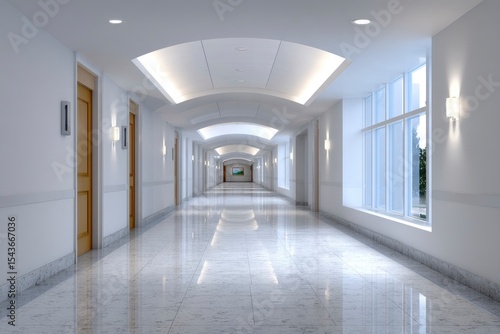 Wallpaper Mural Long hallway with white walls arched ceiling marble floors doors  windows letting in natural light Torontodigital.ca