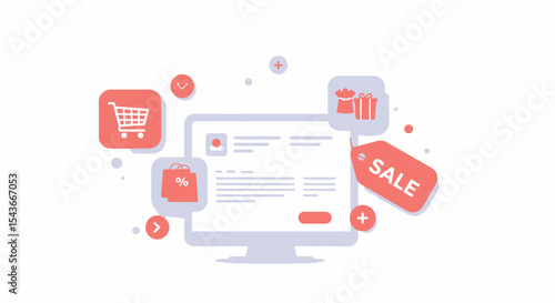 Illustration of online shopping elements around a computer screen, including a cart, gift boxes, a shopping bag, and a sale tag.