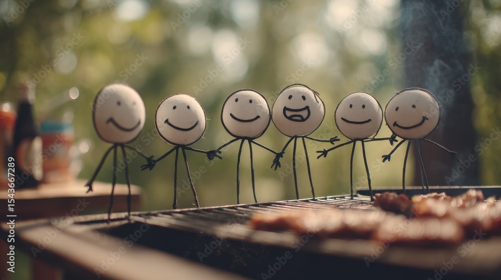 Around an outdoor grill, stick figures enjoy cooking together, laughter filling the air as they bond over delicious food and friendship.
