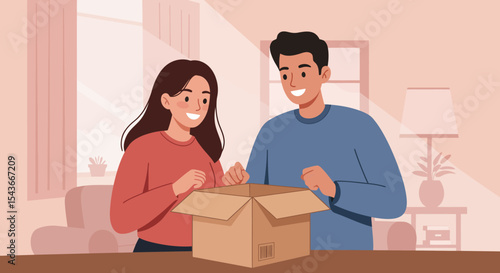 Smiling couple excitedly opening a cardboard box together indoors, anticipating contents.