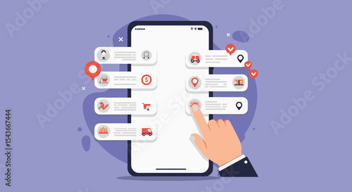 A hand interacting with a smartphone displaying various app icons and notifications.