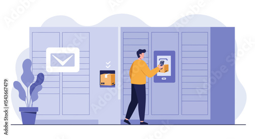 Man retrieving package from automated self-service parcel locker using a smartphone.