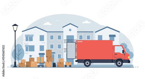 Moving truck parked outside apartment building, surrounded by boxes and a handcart.