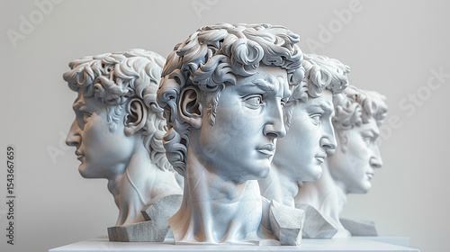 Four detailed busts of male heads in profile view, exhibiting classical artistic style and anatomical accuracy.