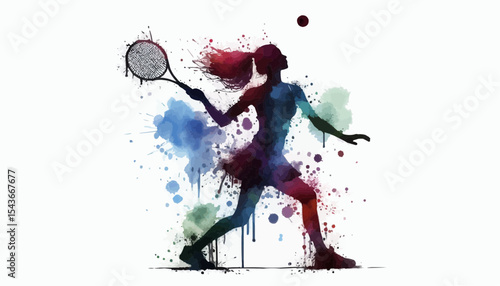 Watercolor abstract design of a female tennis player 