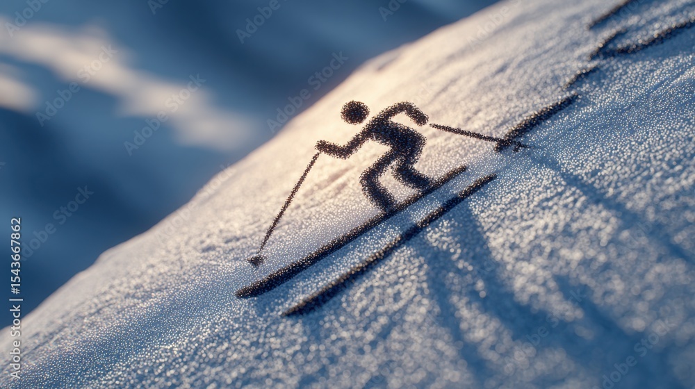 Fototapeta premium A stick figure glides downhill on skis, symbolizing outdoor excitement, skillful control, and snowy adventure.