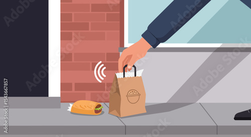 Contactless food delivery: Hand placing a takeout bag and a sandwich on the ground near a door.
