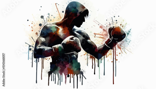 Watercolor splash drip silhouette of a boxer