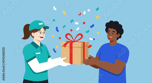 Happy delivery person handing a gift-wrapped package to a smiling recipient amidst celebratory confetti.