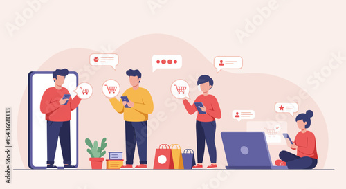 Illustration depicting people using devices for online shopping, purchasing items.
