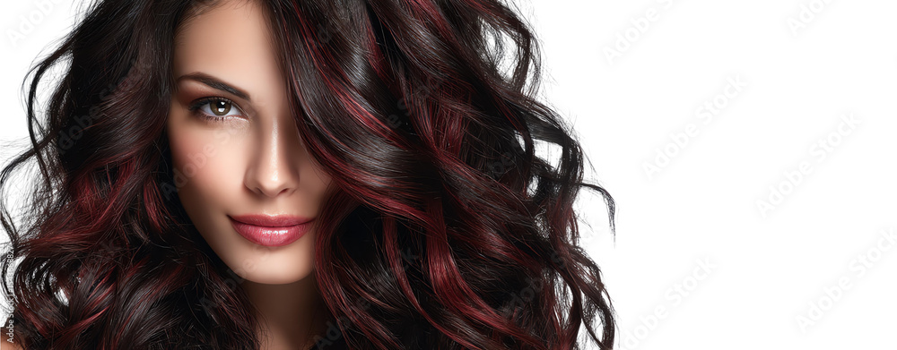 Fototapeta premium Isolated Transparent, Voluminous black hair with cherry cola highlights on white, cherry cola highlights black hair in romantic volume style, cherry cola highlights on high contrast black hair.